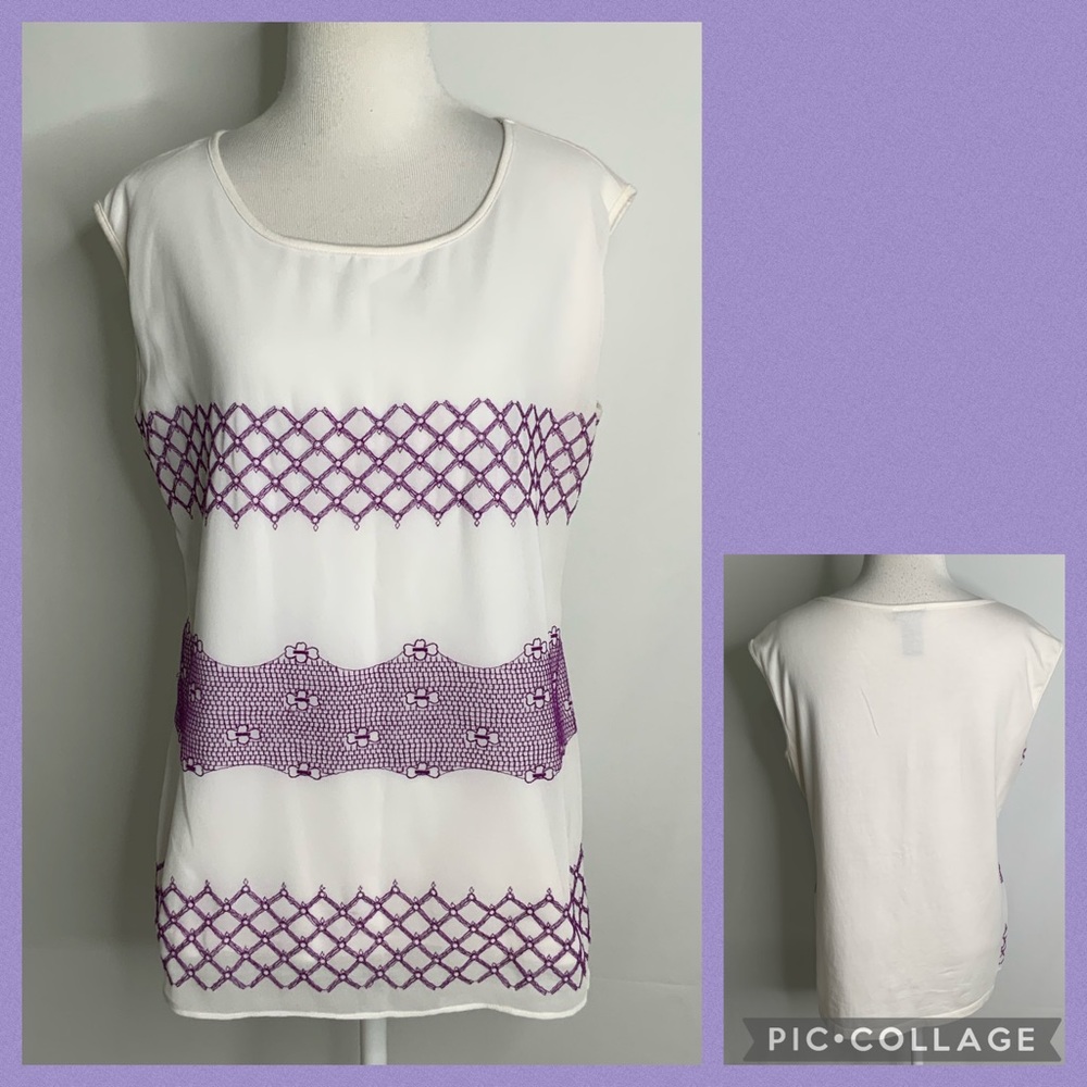 Ann Taylor Purple & White Sleeveless White Top M